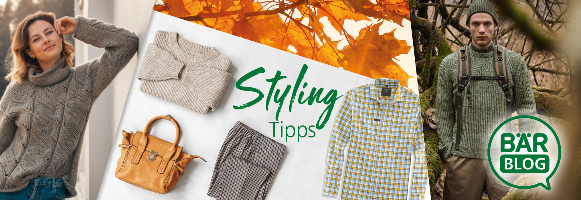 Autumn Styling Tips with Cozy Knitwear and Accessories Woman in a cozy knit sweater and man in outdoor gear alongside autumn styling tips and fashion accessories.