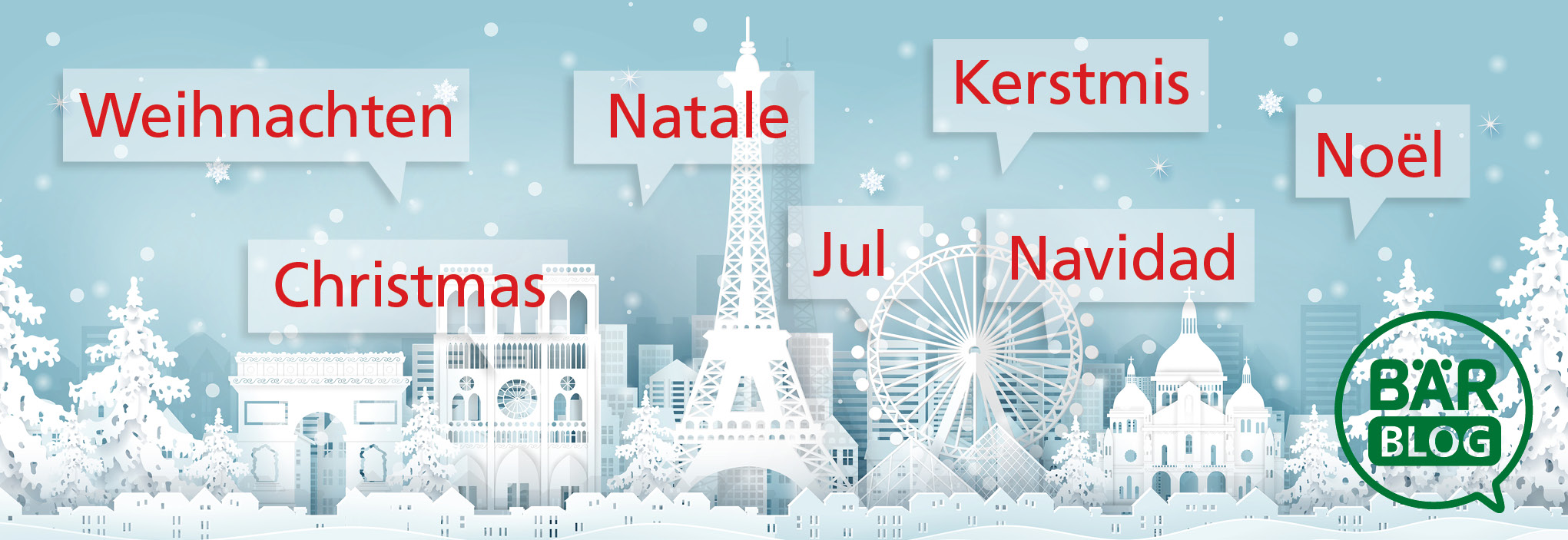 International Christmas Greetings with Iconic Landmarks Festive snow-covered cityscape with Christmas greetings in various languages including Weihnachten, Natale, Kerstmis, Noël, Christmas, Jul, and Navidad.