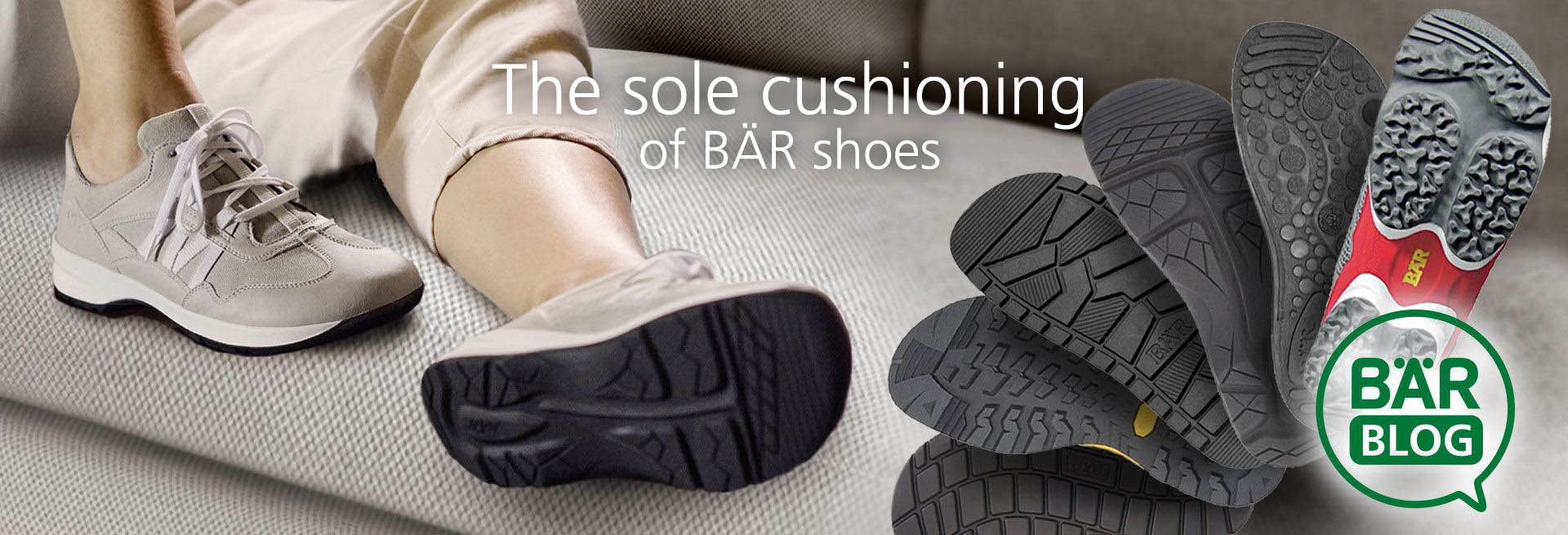 Person wearing BÄR shoes with focus on sole cushioning and various sole designs displayed