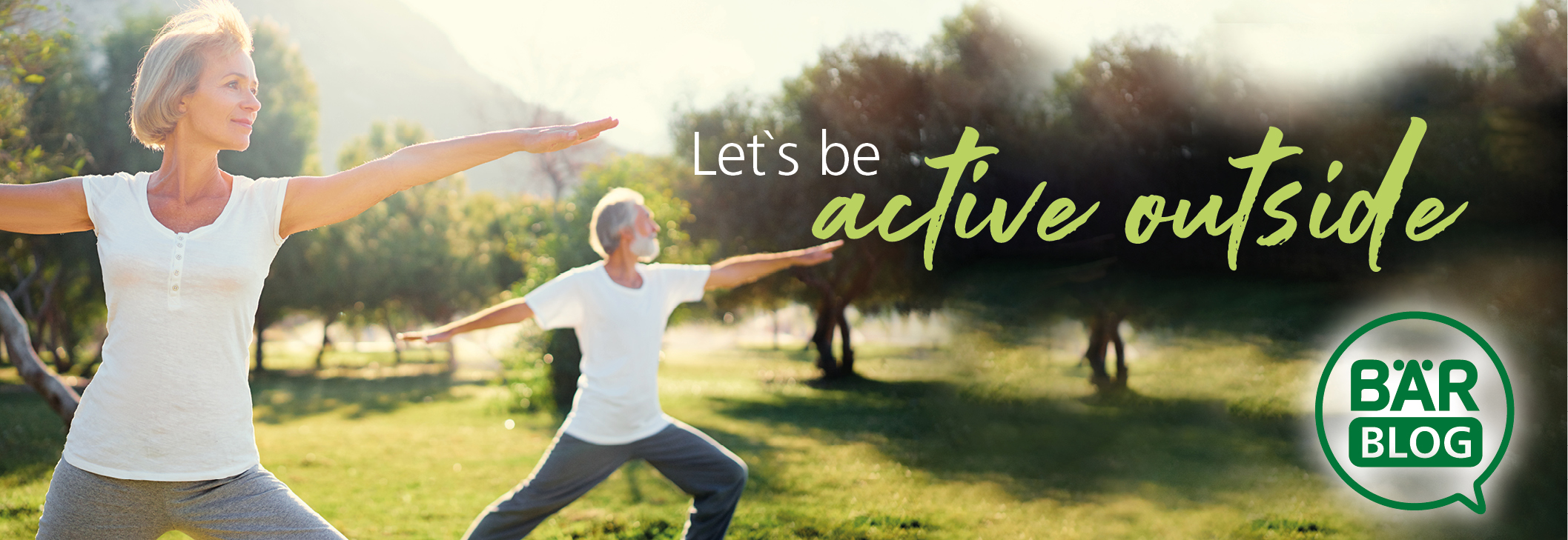 Outdoor Exercise with BÄR Blog Two people practicing yoga outside with 'Let's be active outside' text and BÄR Blog logo.