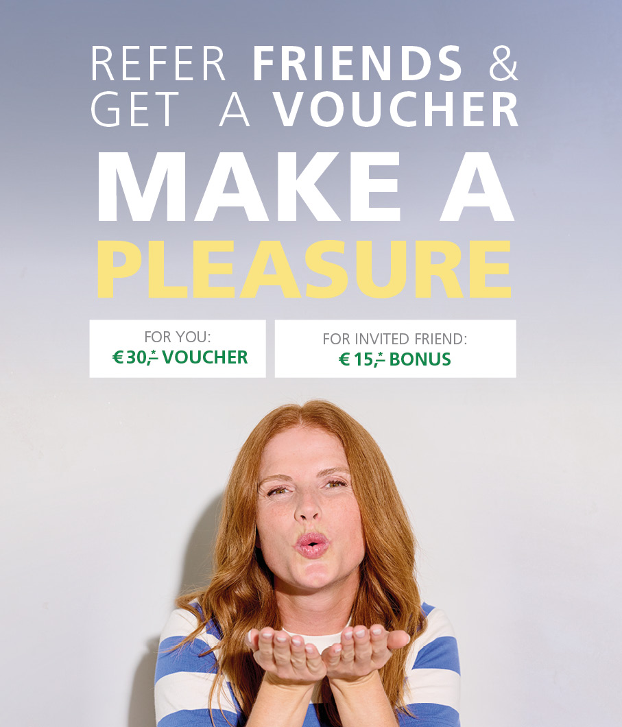 Refer Friends & Get a Voucher - Make a Pleasure Woman blowing a kiss with text offering a €30 voucher for each friend referred and a €15 bonus for the friend.