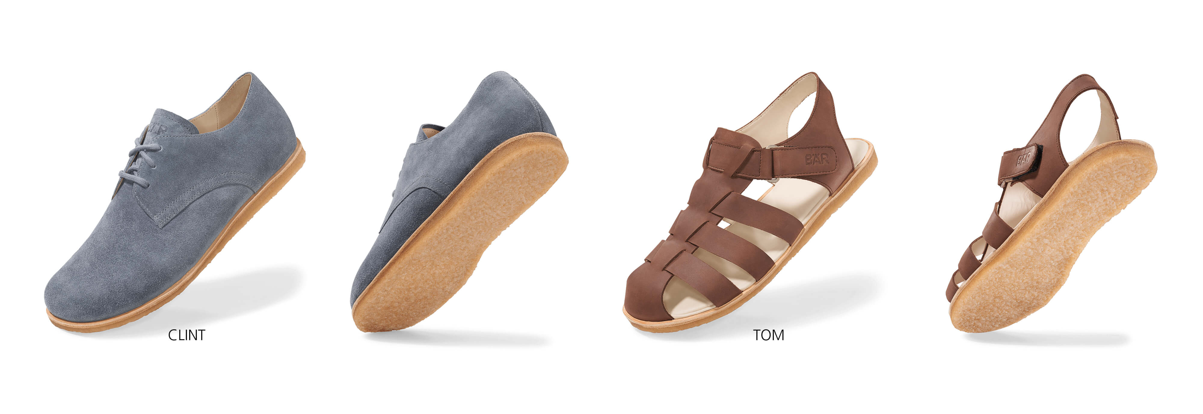 Men's Casual Shoes and Sandals Collection Image showing a pair of blue suede lace-up shoes named Clint and brown leather sandals named Tom.