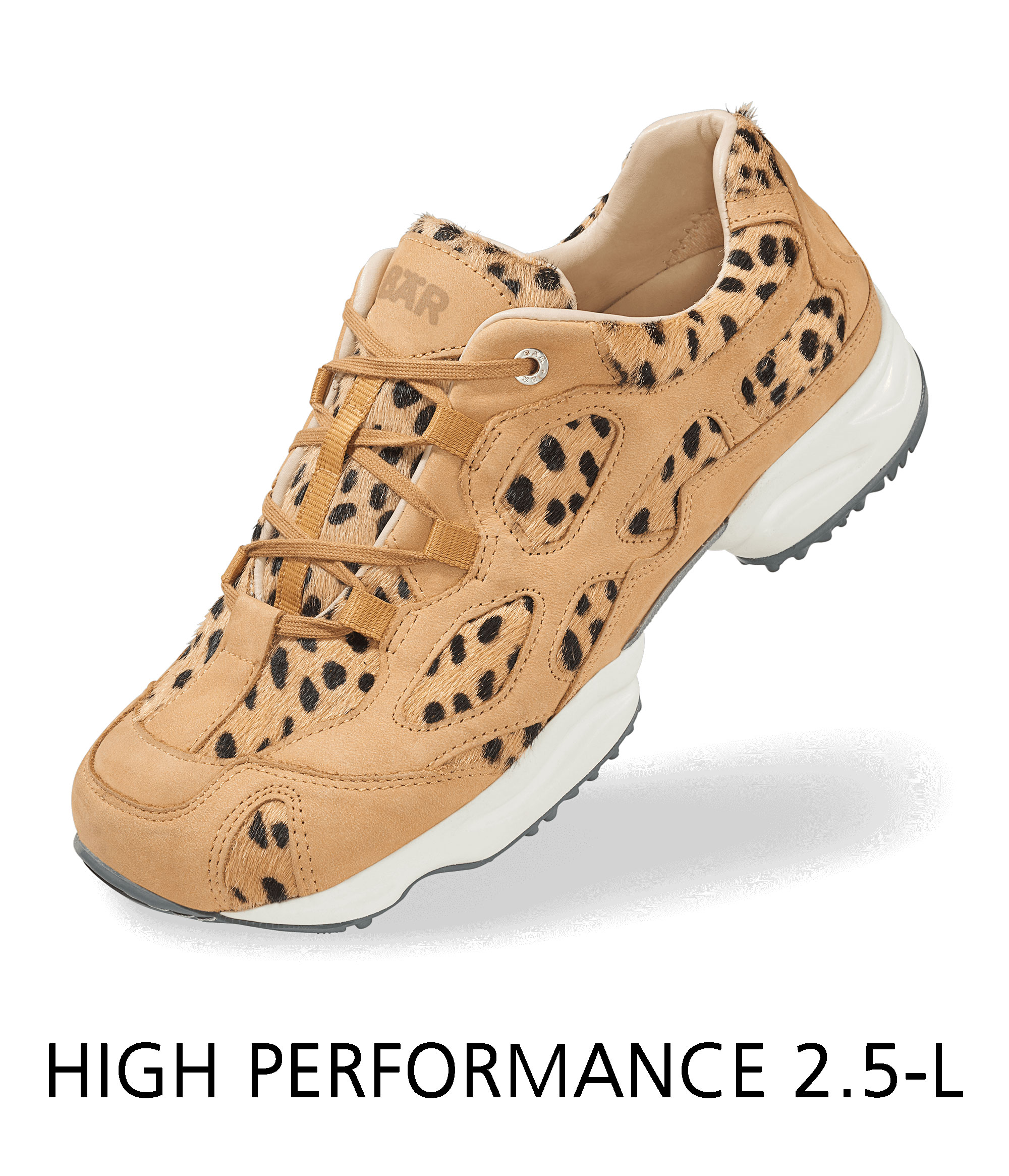 High Performance 2.5-L Comfort Sneakers with Leopard Print Tan and black leopard print sneakers on a white background labeled High Performance 2.5-L.