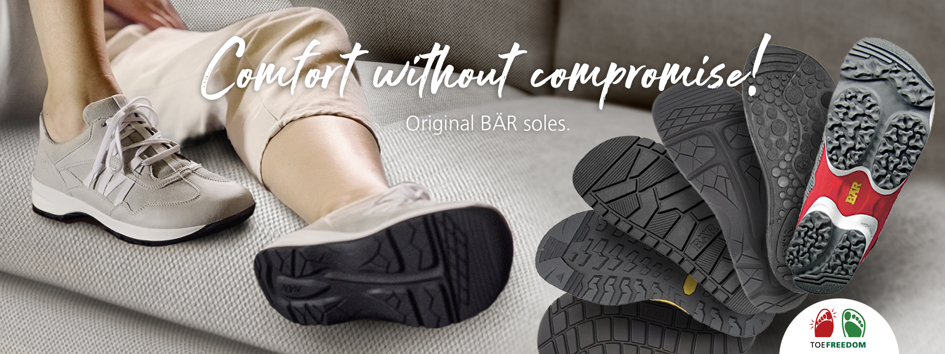 Comfort without compromise - Original BÄR soles A person wearing comfortable beige shoes resting on a couch, showcasing BÄR shoe soles with various tread patterns.