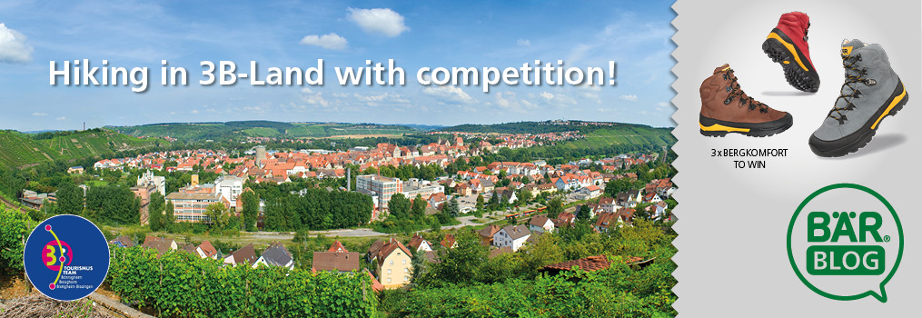 Explore 3B-Land: Enter the Hiking Competition for Bergkomfort Prizes Panoramic view of 3B-Land with hiking boots and competition details
