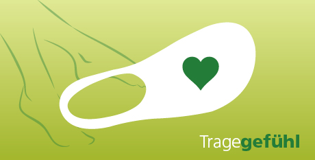 Illustration eines Fußes und eines Schuh-Innenfutters mit einem grünen Herz, Text 'Tragegefühl'
