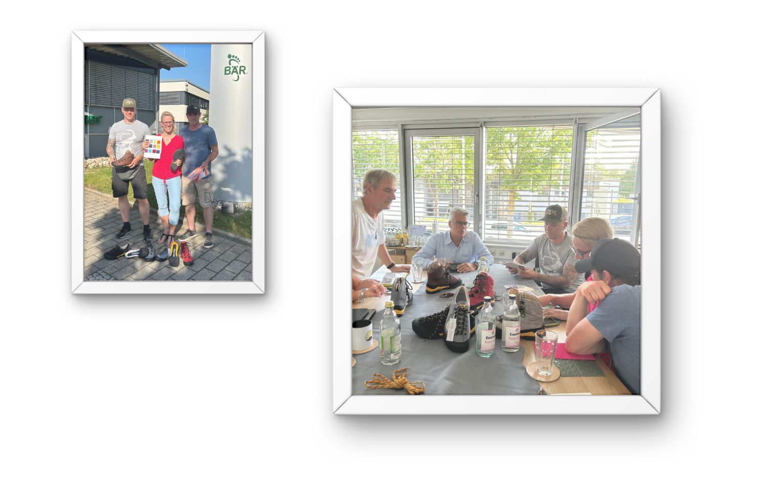 Teammeeting mit Vorstellung neuer Schuhmodelle Zwei Bilder: Links drei Personen im Freien mit Schuhen in der Hand, rechts eine Gruppe am Tisch bei einer Besprechung mit Schuhen.