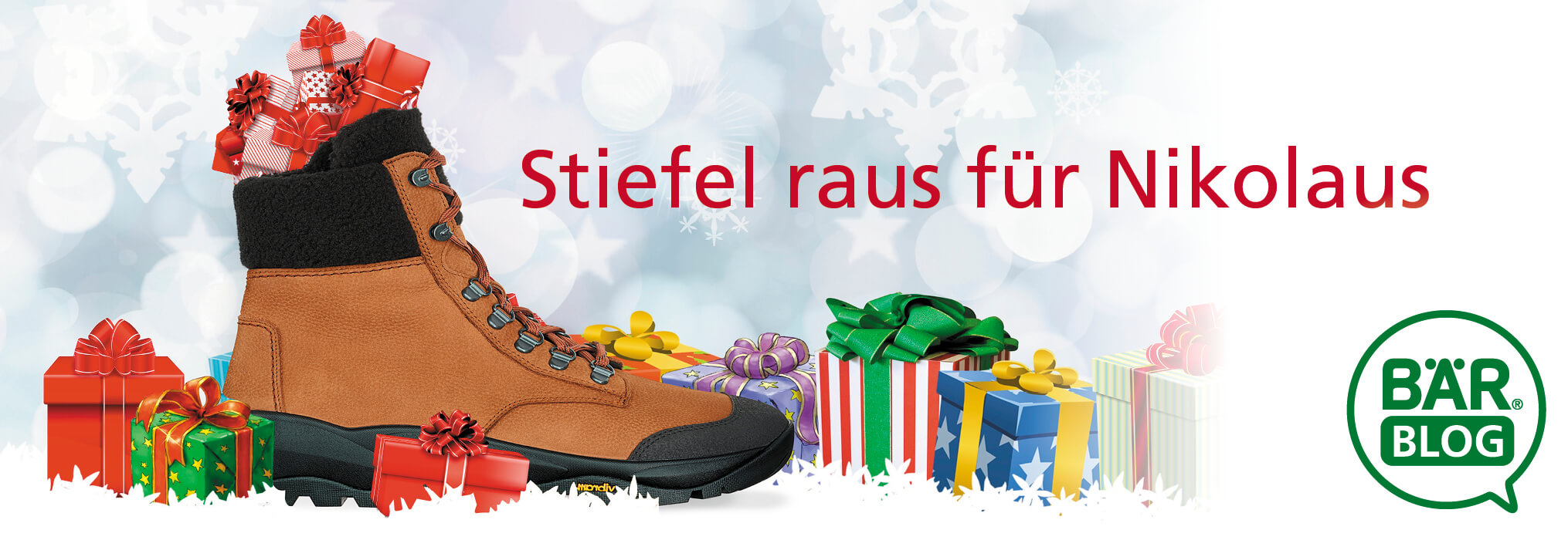 Festive boot filled with gifts next to wrapped presents Brown boot filled with presents and surrounded by colorful gift boxes.