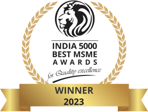 India 5000 Best MSME Awards 2023 Winner for Quality Excellence Award badge for India 5000 Best MSME Awards 2023, recognizing quality excellence. Gold laurel and lion emblem with 'Winner 2023' banner.