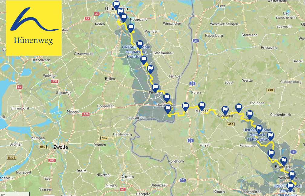 Map of the Hünenweg route through Germany and the Netherlands with marked UNESCO sites