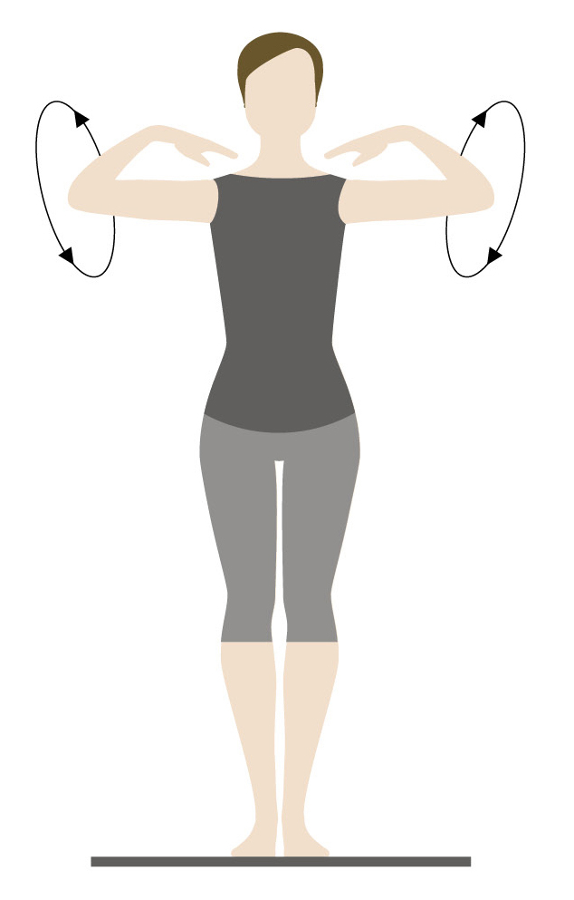 Illustration of Person Doing Shoulder Rolls Exercise Image of a person performing shoulder rolls with arms bent and hands near shoulders, showing circular motion arrows.