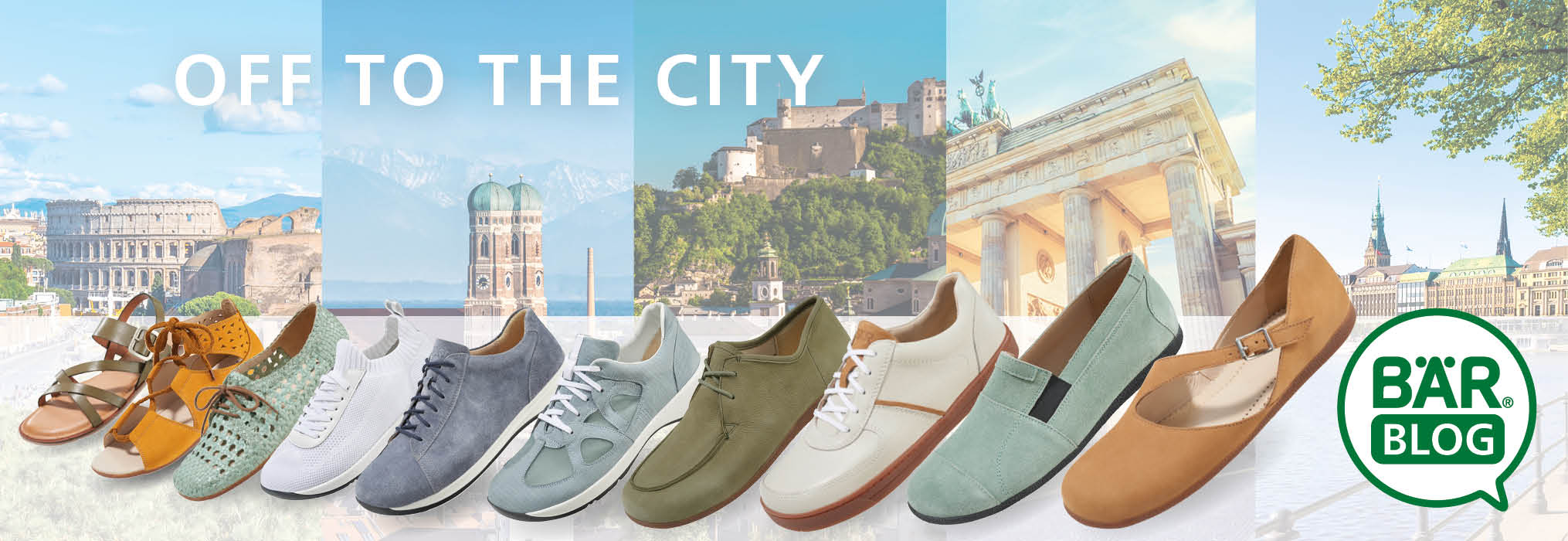 Stylish Travel Footwear Collection for City Adventures Variety of stylish shoes perfect for exploring cities, with famous landmarks in the background.