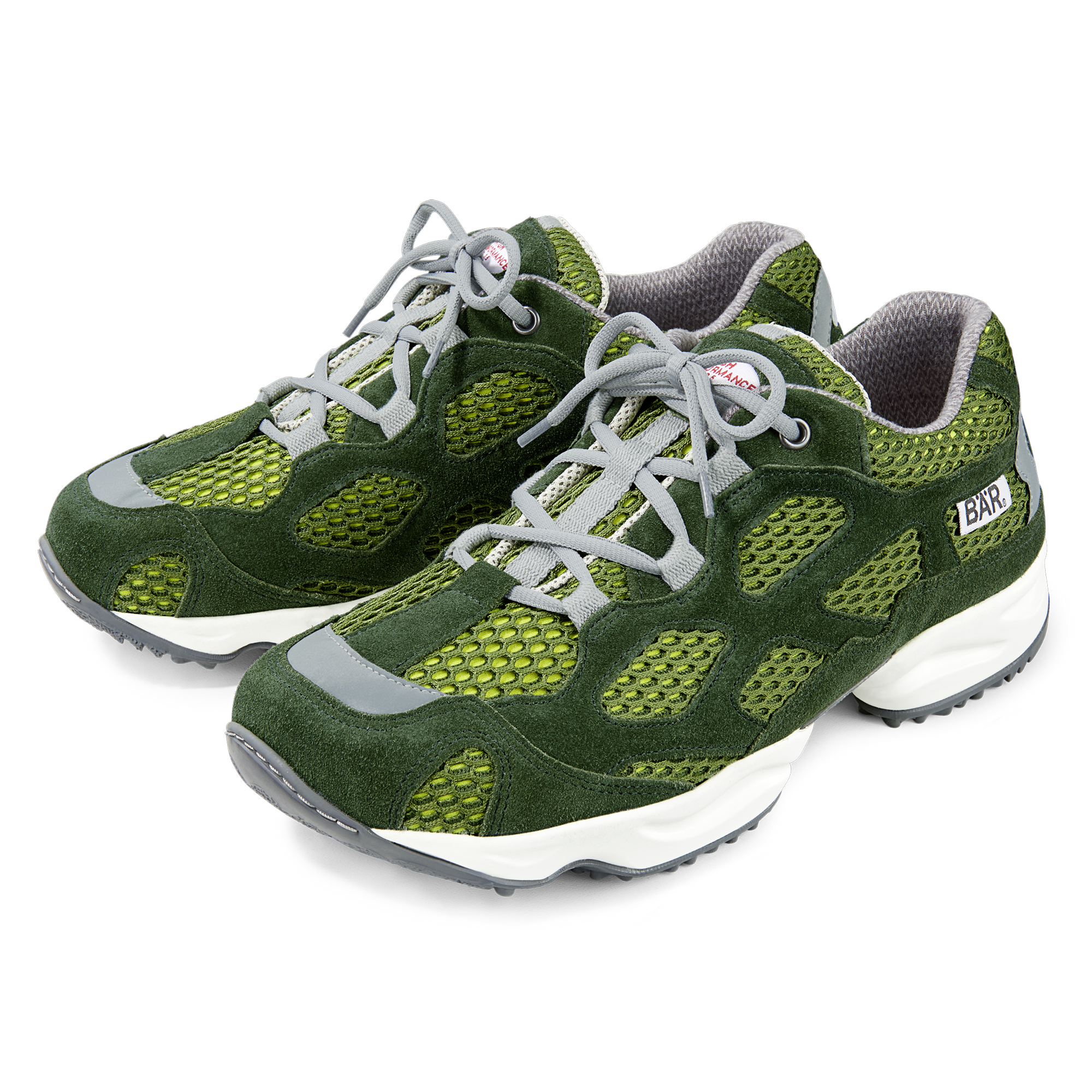 Green and Gray Men's Athletic Sneakers Pair of green and gray sneakers with mesh design and white soles