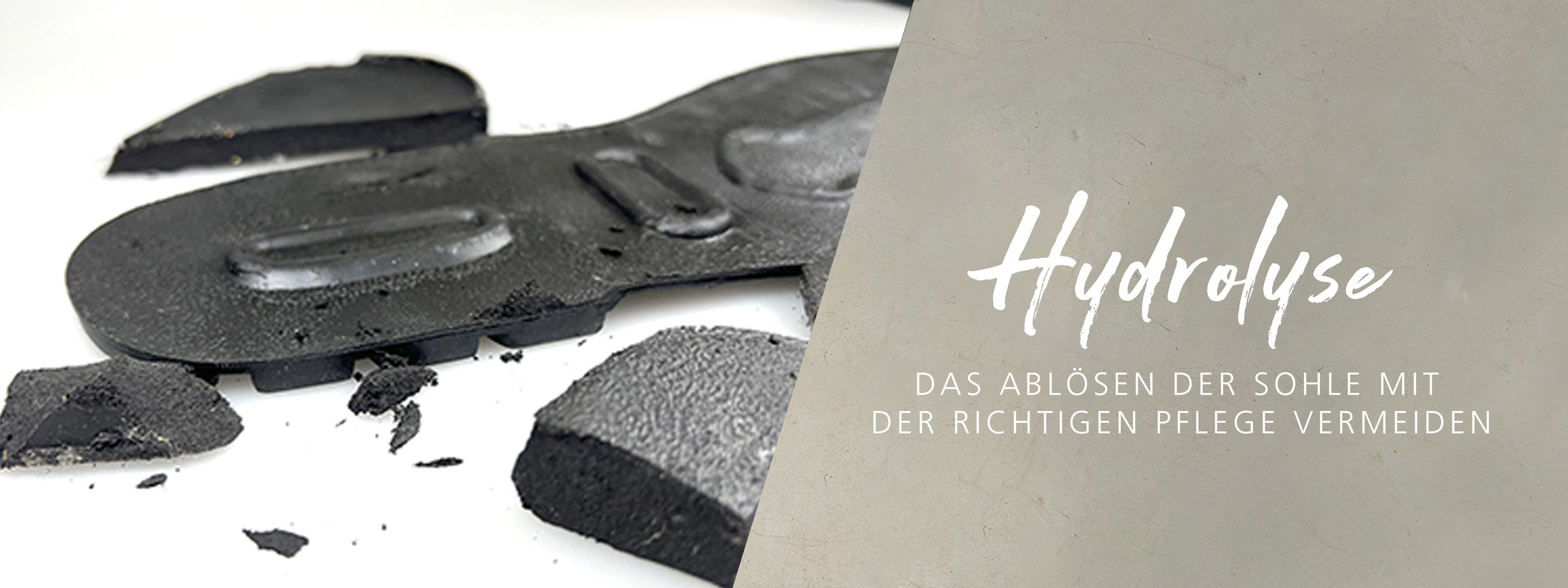 Vermeidung von Hydrolyse: Tipps zur Schuhpflege Nahaufnahme einer abgelösten Schuhsohle mit dem Hinweis, Hydrolyse durch richtige Pflege zu vermeiden.